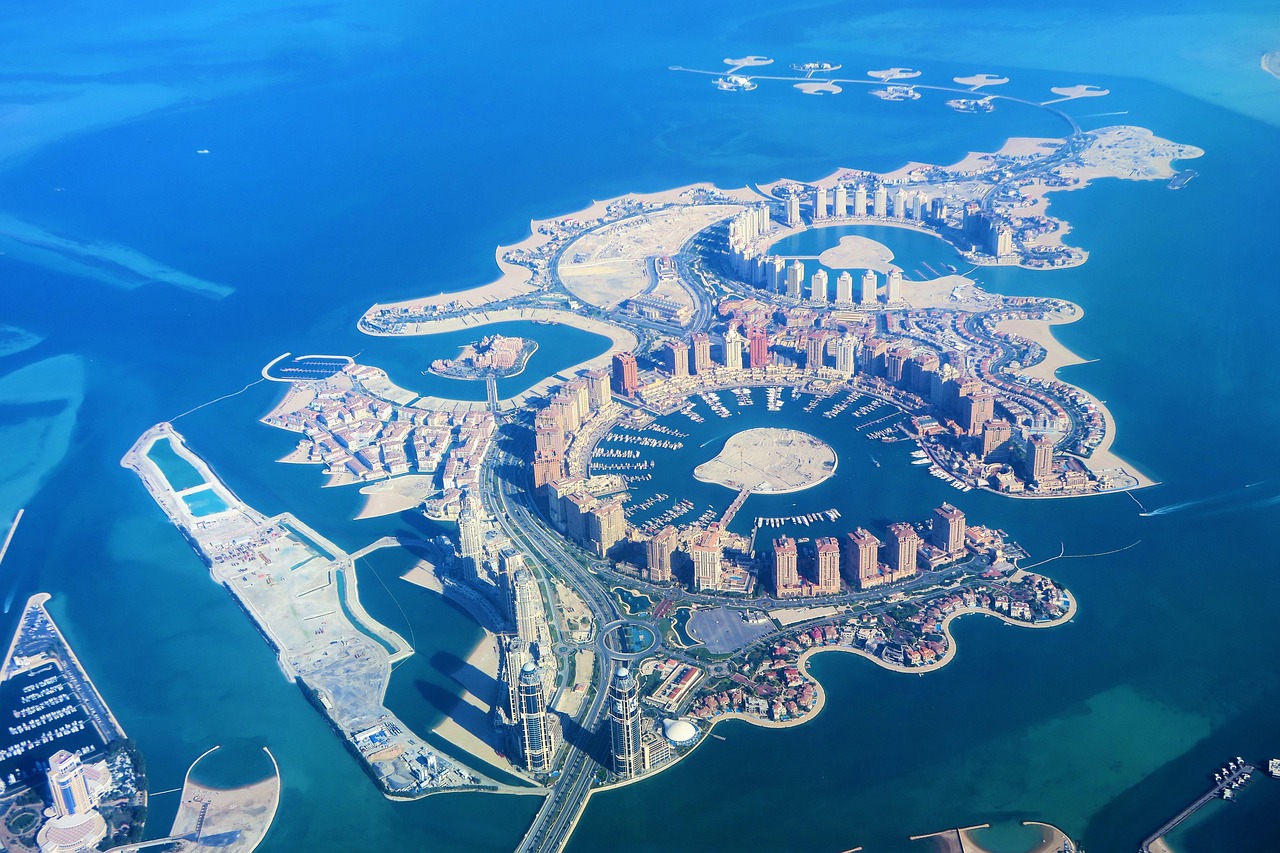 artificial islands, qatar, doha, panorama, architectural, city, buildings, nature, sea, island, urban, building, modern, trip